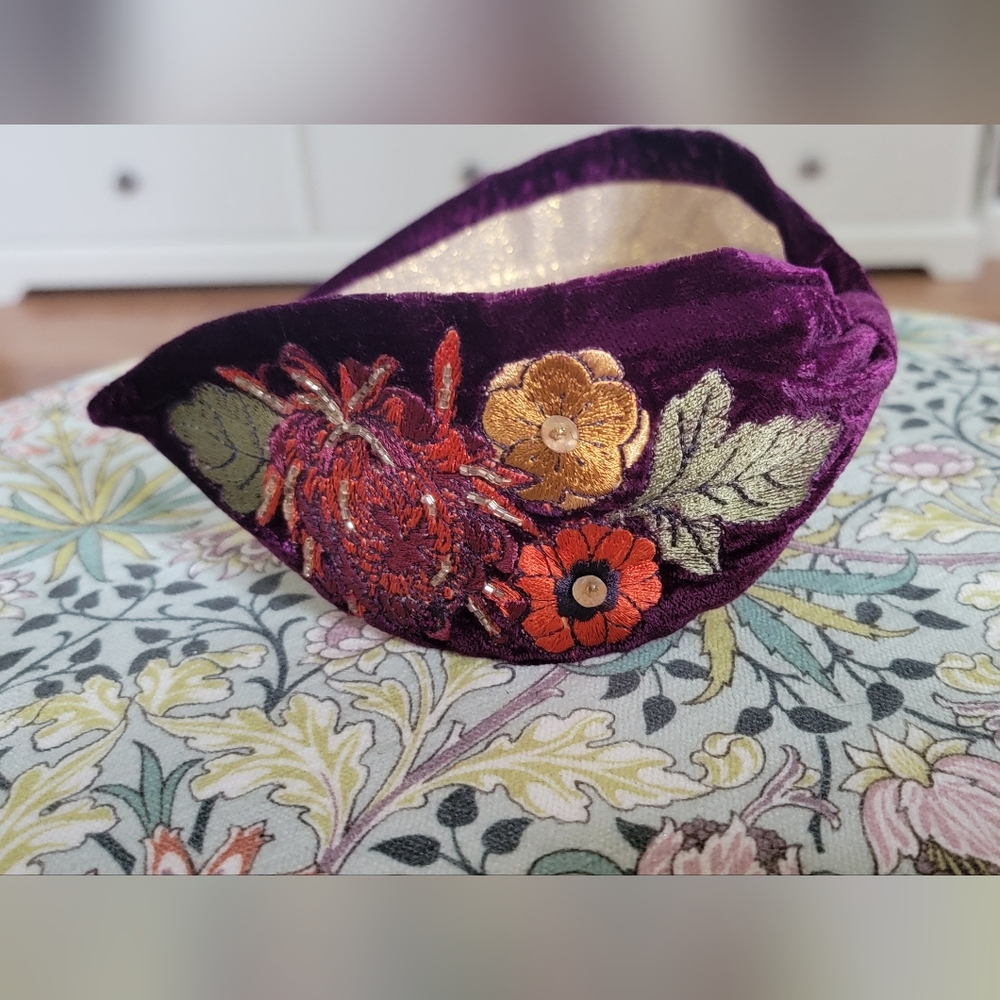 Embroidered Purple Velvet Headband
